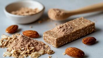 Healthy energy bar with almonds, oats, and cocoa powder photo