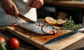 Fresh fish being prepared for cooking. Hands expertly cutting a whole fish on a wooden cutting board. Fresh herbs, lemon, and spices are nearby photo