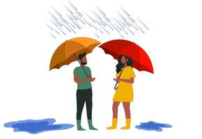 Couple under umbrellas in the rain enjoying a conversation at an outdoor location on a cloudy day vector
