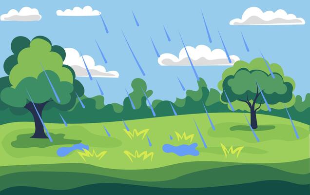 Colorful illustration of a serene landscape with rain and lush trees under a cloudy sky