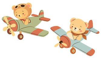 A set of flat illustrations in a simple childish style. Cute bears flying on airplane, set of two illustrations vector