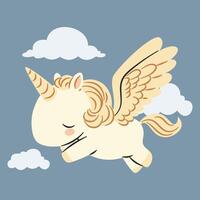 Flat illustration in a simple children's style. Cute unicorn pegasus flying in the sky with clouds on blue background vector