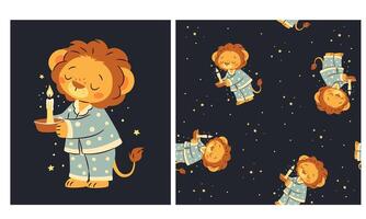 set for printing on children's products. Cute lion cub in pajamas holding a burning candle, on dark background with stars. Print for printing and seamless pattern vector