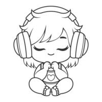 Girl sitting while listening to music, for coloring vector