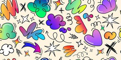 Y2K aesthetic doodles seamless pattern with playful cartoon elements, hearts, arrows, stars, abstract gradient shapes for textiles, wallpapers, packaging, and digital backgrounds. illustration vector