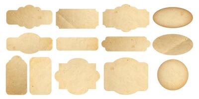 Vintage blank paper labels stickers with aged texture in various shapes set. Ideal for scrapbooking, invitations, crafts, branding, design elements,and retro themed design projects. illustration vector