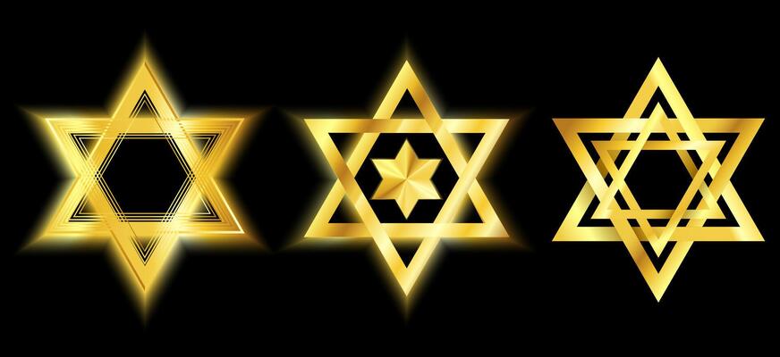 Shiny Golden Star of David Set on Black Background.Luxurious Gold Jewish Star Symbols with Glow Effect. ideal for religious themes, Judaica art, cultural designs. illustration
