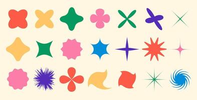 Retro brutalism shapes and symbols in various abstract geometric with stars, floral, swirls, and decorative elements Set. Suitable for graphic design, branding, logos, and digital. illustration vector