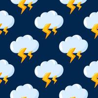 Seamless pattern with thunderstorm clouds and lightning bolts on a dark blue background in cartoon style. Perfect for wallpaper, textiles, wrapping paper and designs for weather forecast and storm. vector
