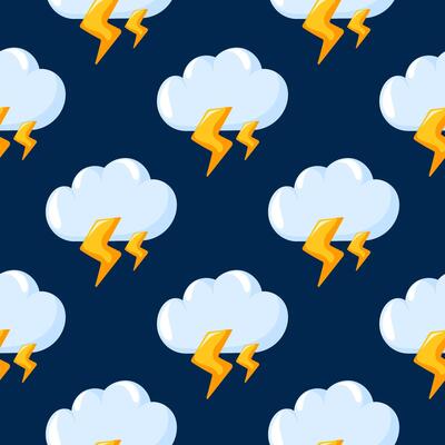 Seamless pattern with thunderstorm clouds and lightning bolts on a dark blue background in cartoon style. Perfect for wallpaper, textiles, wrapping paper and designs for weather forecast and storm.