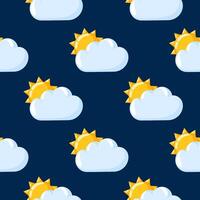 Seamless pattern with sun and cloud weather icon on a dark blue background in cartoon style. Perfect for wallpaper, textile, wrapping paper, weather forecast design and nature theme. vector