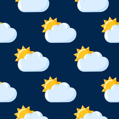 Seamless pattern with sun and cloud weather icon on a dark blue background in cartoon style. Perfect for wallpaper, textile, wrapping paper, weather forecast design and nature theme.