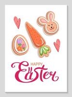 Cute Easter poster with handmade cookies in form of bunnies, carrots and eggs. Festive gingerbread cookies with icing. Spring background for holiday greetings, invitations. flat illustration. vector