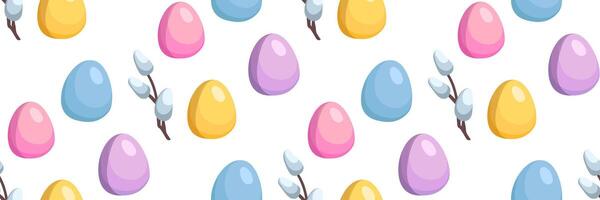 Spring Easter seamless pattern with small blooming willow branch and colored egg. Traditional religious elements. Horizontal festive background for invitations. flat illustration. vector