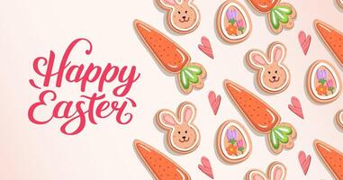 Cute Easter banner with handmade cookies pattern in form of bunny, carrot and egg. Festive gingerbread cookie with icing. Spring background for holiday greeting, invitation. flat illustration. vector