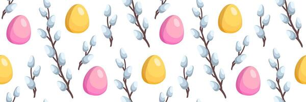 Happy Easter seamless pattern with blooming willow branches and colored eggs. Traditional religious elements. Spring festive background for invitations. flat illustration. vector