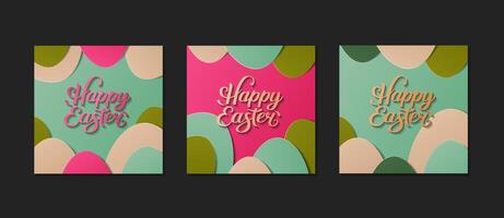 Happy Easter cards set with Colorful paper cut style Eggs. Greeting square post background for Social media. Holidays spring invitation. Elegant lettering on mint background. flat illustration. vector