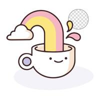 A happy cartoon teacup overflows with a rainbow. vector