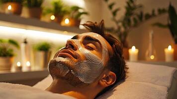 A male client relaxes on a treatment table while receiving a facial mask application in a cozy spa setting. Soft candlelight and plants create a tranquil atmosphere. video