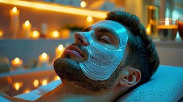 A male client relaxes during a facial treatment at a tranquil spa. Soft candlelight enhances the soothing atmosphere as he enjoys a deep cleansing mask applied to his face. video