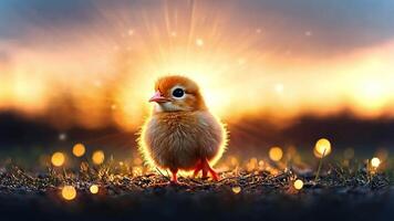 A charming fluffy chick is perched on grass while warm sunset hues illuminate the background. Glowing lights create a magical atmosphere around the chick. video