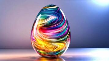 A beautifully crafted glass egg features swirling patterns of bright colors. It is set against a softly lit background, adding depth to the vibrant display. video