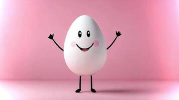 A cheerful egg character with eyes and a smile stands on a pink background, showcasing joy with outstretched arms. Its playful design adds a whimsical touch. video