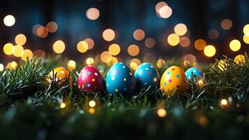 Six vibrant eggs with polka dots are placed on lush green grass, surrounded by warm glowing lights creating a joyful atmosphere perfect for celebration. video