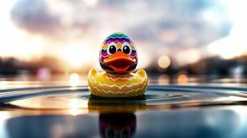 A cheerful rubber duck, adorned with colorful patterns, gently floats on the surface of calm water during sunset, surrounded by a serene atmosphere. video