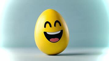 A bright yellow egg features a cheerful smiling face, resting on a smooth gray surface. The playful design evokes feelings of joy and lightheartedness. video