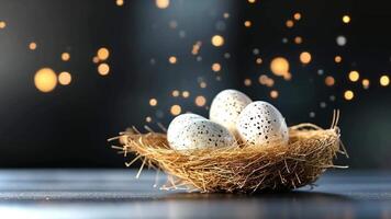 Three speckled eggs rest in a cozy nest of straw, illuminated by soft glowing lights, creating an enchanting atmosphere during twilight. video