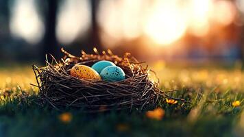 Colorful easter eggs sit snugly in a rustic nest, resting on vibrant grass illuminated by the warm glow of a setting sun, creating a serene and festive atmosphere. video