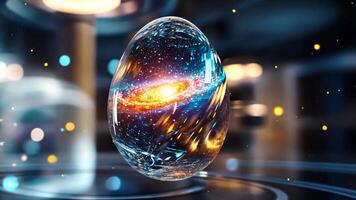 A mesmerizing spherical object contains a vibrant galaxy swirling with colors and stars, set against a high-tech background filled with glowing lights. video