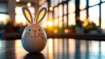 A rabbit-shaped egg sits on a wooden table, illuminated by warm sunset light filtering through large windows, surrounded by blurred potted plants. video