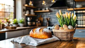 A wooden table holds a loaf of crusty bread beside a basket filled with decorated eggs and blooming tulips, creating a warm kitchen atmosphere. video