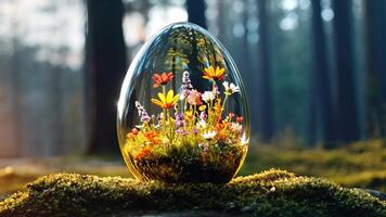 delicaat glas ei huizen een kleurrijk arrangement van bloemen resting Aan groen mos in een rustig Woud Bij schemering, creëren een magisch en betoverend atmosfeer. video