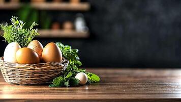 A rustic basket holds freshly gathered eggs alongside vibrant herbs, arranged on a wooden table in a cozy kitchen setting, creating a warm atmosphere. video