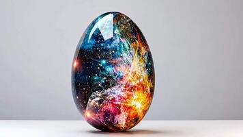 A beautifully crafted egg showcases a mesmerizing design filled with colorful galactic patterns against a simple background. Intricate details captivate viewers. video