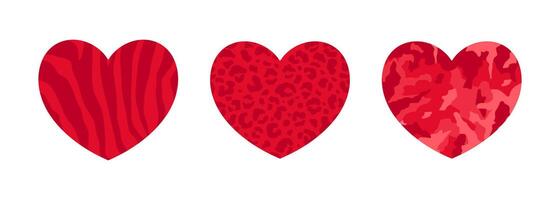 Red hearts icons with animal prints and abstract pattern vector