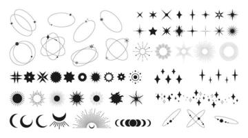 Celestial star symbols, geometric shapes and sparkle frames. Space design elements vector