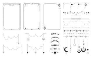 Frame border templates with celestial design elements. Garlands, dividers, pendants and borders with space decorations, crescents and stars vector