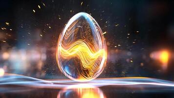 An egg-shaped object emits colorful glowing waves in a dark, futuristic environment filled with abstract lights and digital patterns. video