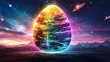 A vibrant, multicolored egg radiates light against a cosmic backdrop filled with planets and stars during twilight. The landscape features mountains in the distance. video