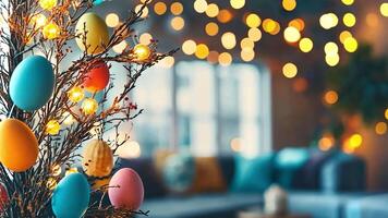 Brightly colored eggs hang on a decorative tree surrounded by warm lights, creating a festive atmosphere in a cozy indoor space during spring. video