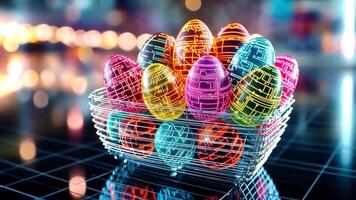 Decorative eggs in bright colors are arranged in a modern basket. The background features a dazzling display of colorful lights, enhancing the festive atmosphere. video