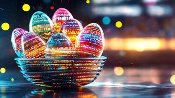 A basket filled with intricately designed Easter eggs glows with colorful reflections, creating a joyful atmosphere amid twinkling lights and festive decor. video