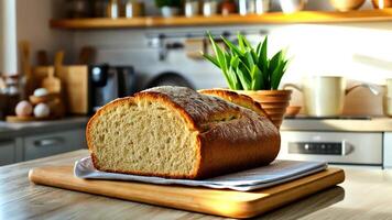 Warm bread sits on a wooden board in a bright kitchen, illuminated by sunlight, creating a homely atmosphere. Green plants enhance the inviting feel. video