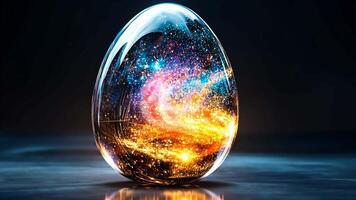 An intricate egg-shaped object is illuminated, revealing a swirling galaxy of stars and colors inside. video