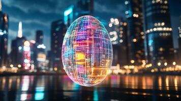 A vibrant, digitally rendered egg suspended above a reflective surface showcases neon colors and patterns, contrasting with a bustling urban skyline at night. video