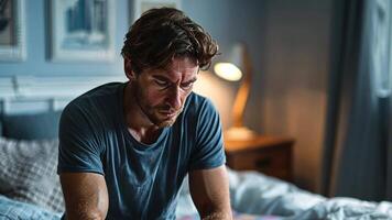 A man sits on the edge of a bed, reflecting on challenges related to infertility and health concerns. The intimate atmosphere highlights his emotional struggle with fatherhood. video